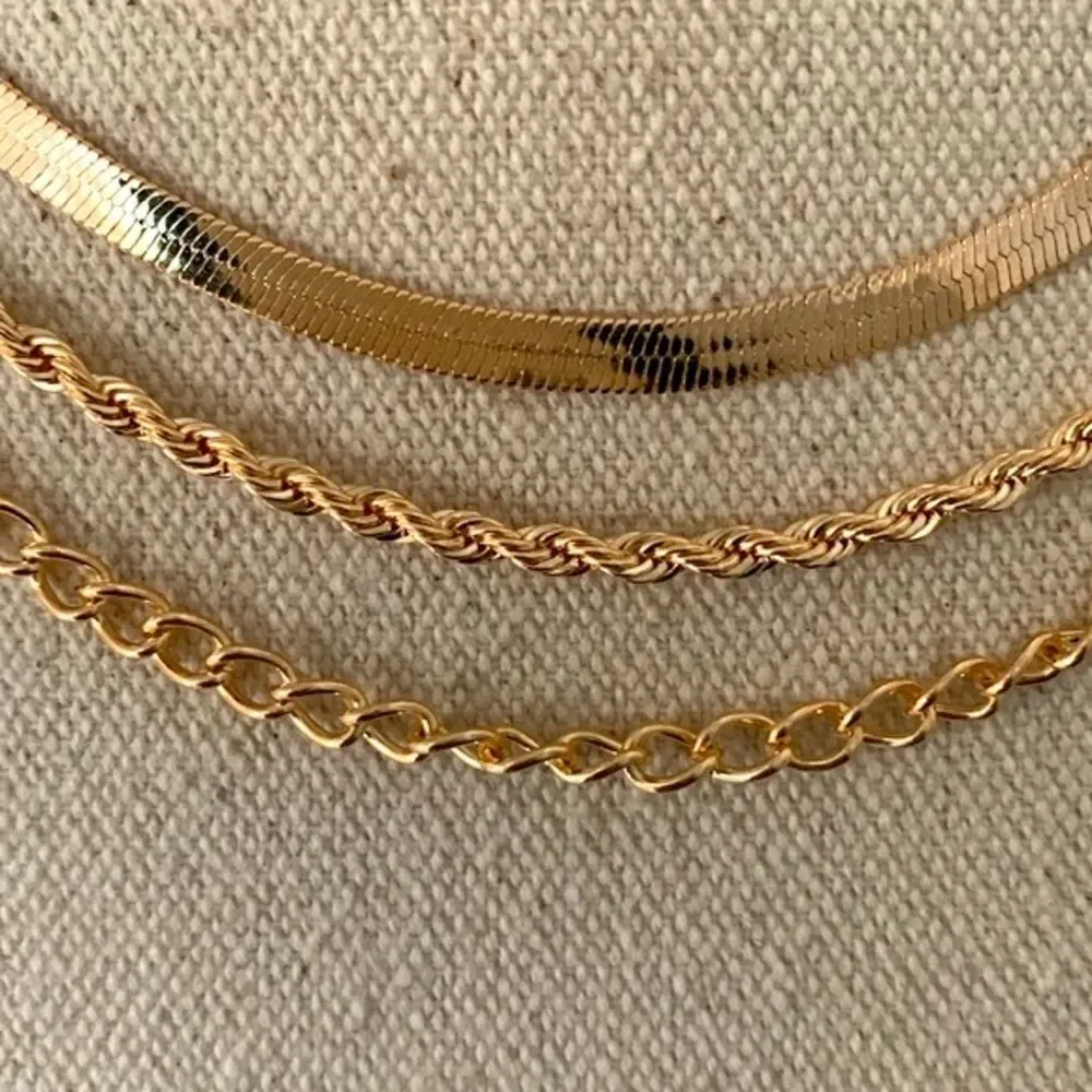 Triple Strand Gold Tone Chain Necklace, Layered Stacked